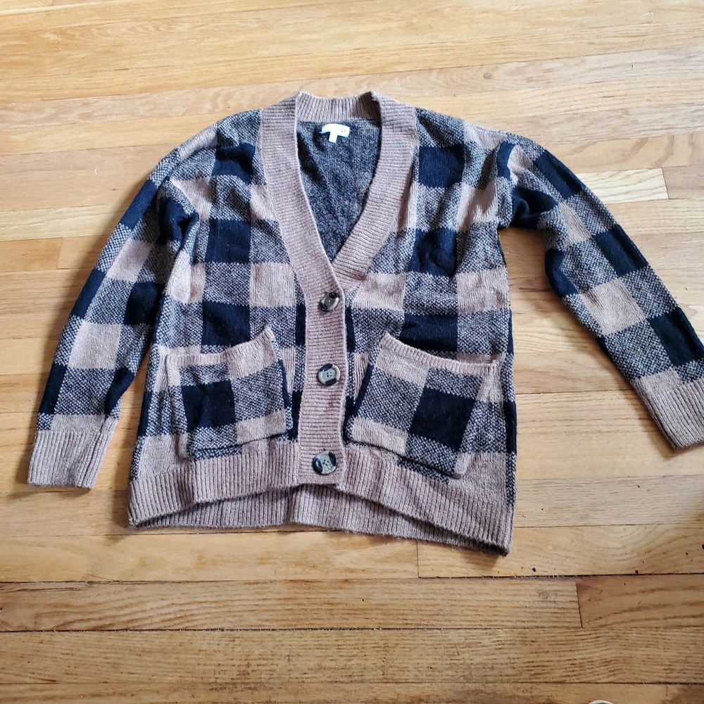 SO Buffalo Plaid Cardigan Sweater Tan Black Check V-Neck Button Front Small Y2k